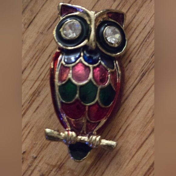 Enamel on Brass Red Owl Shaped Brooch Pin with Rhinestone Eyes Lot 6 - Picture 3 of 3